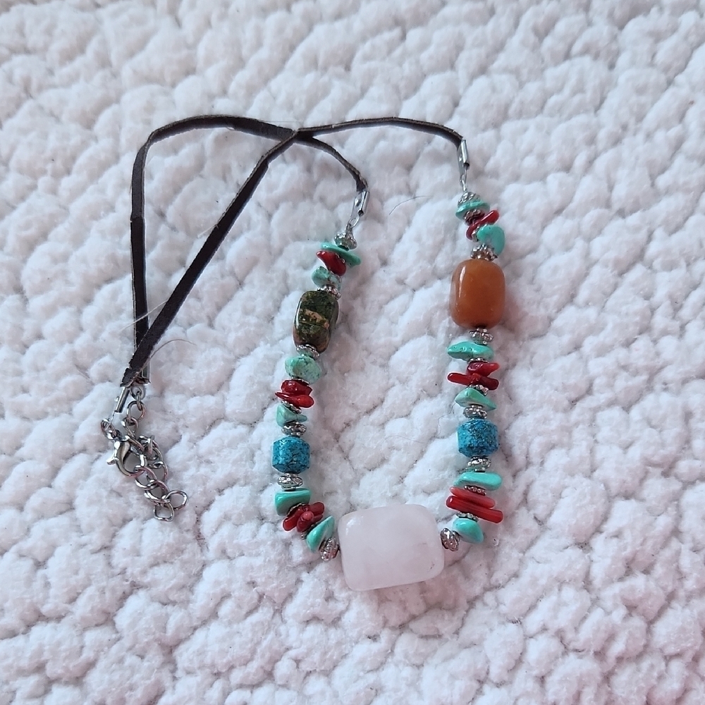 Vintage Handmade Multistoned Turqiouse Selenite Leather Strap Necklace